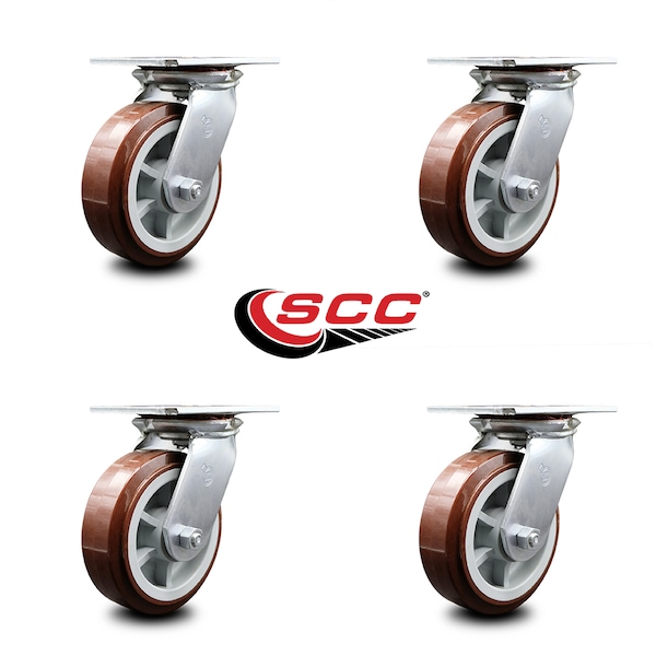 6 Inch Heavy Duty Polyurethane Caster Set With Ball Bearings SCC, 4PK